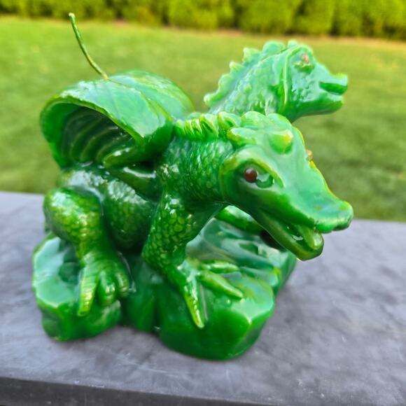 Mythical Candle Two Headed Green Dragon Red Eyes Holding Sphere Unburned *read* - Picture 1 of 15